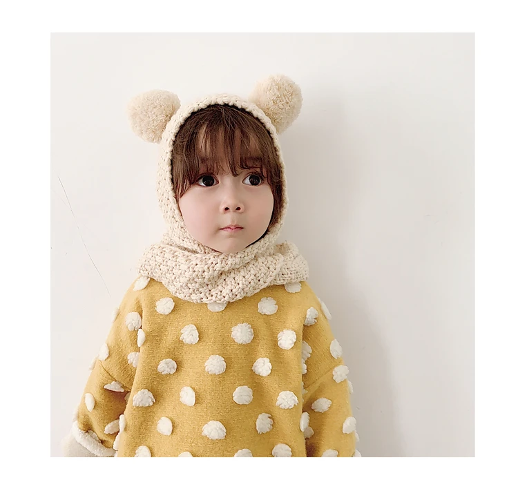 Children Knitted Hat Autumn and Winter Toddler Girl Neck Ear Protection One Baby Winter Warm Wind Hat Small Ball Baby Girl Cap