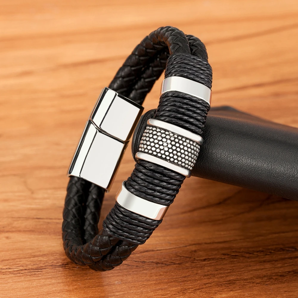 TYO Punk Rope Wrap Stainless Steel Men's Leather Bracelets