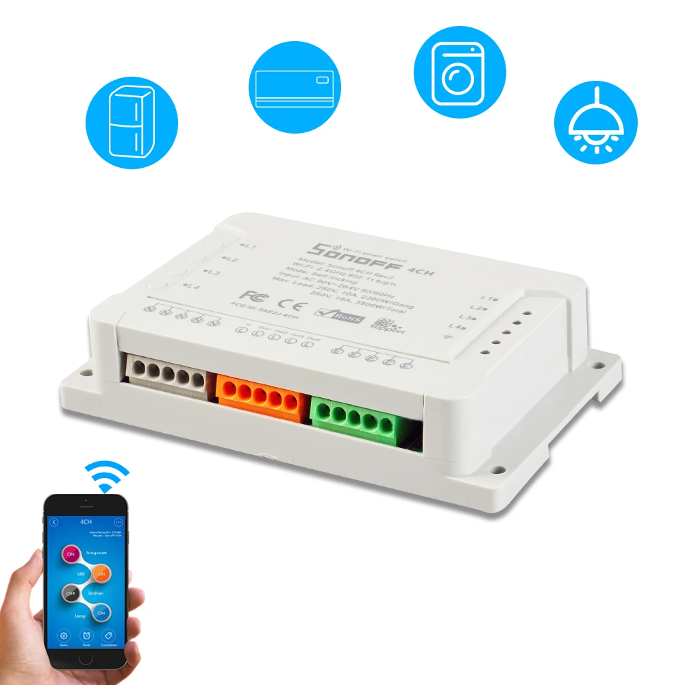 Sonoff 4CH Pro R2 10А/банда 4 канала Wifi смарт-коммутатор 433 МГц РЧ-пульт Wifi освещение переключатель поддерживает 4 устройства для Alexa Google