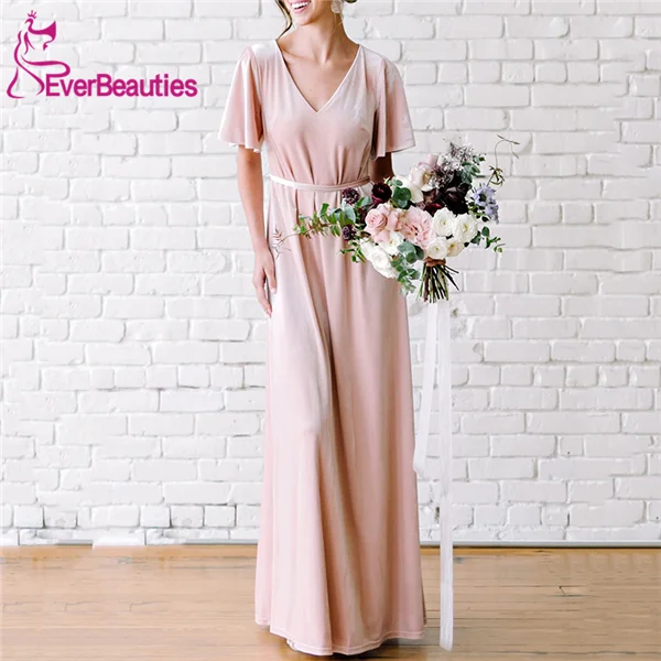 as picture Розовые платья подружки невесты длинные велюровые Короткие рукава Vestido Madrinha v-образным вырезом Свадебное платье для гостей vestido de festa - Цвет: as picture