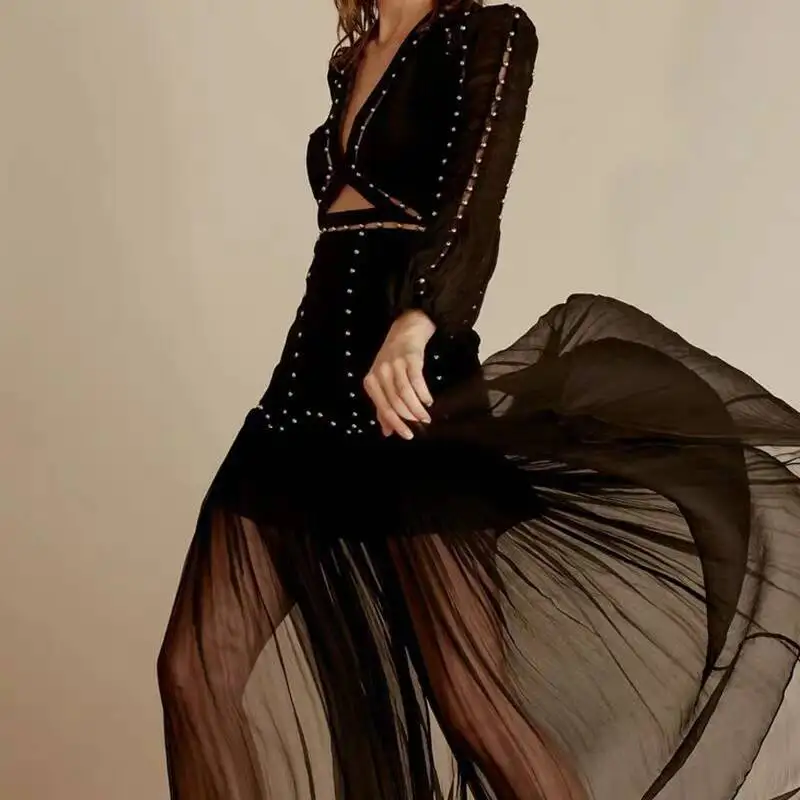 

New Arrival Sexy Women Long Dress Top Quality Night Club Rivet Fashion Elegnat Evening Party Dresses