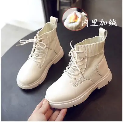 White with Plush YWPENGCAI осенне-зимние кожаные детские ботинки вязаные дышащие Черные ботильоны для мальчиков белые теплые плотные ботинки для девочек, размер 26-36 - Цвет: White with Plush