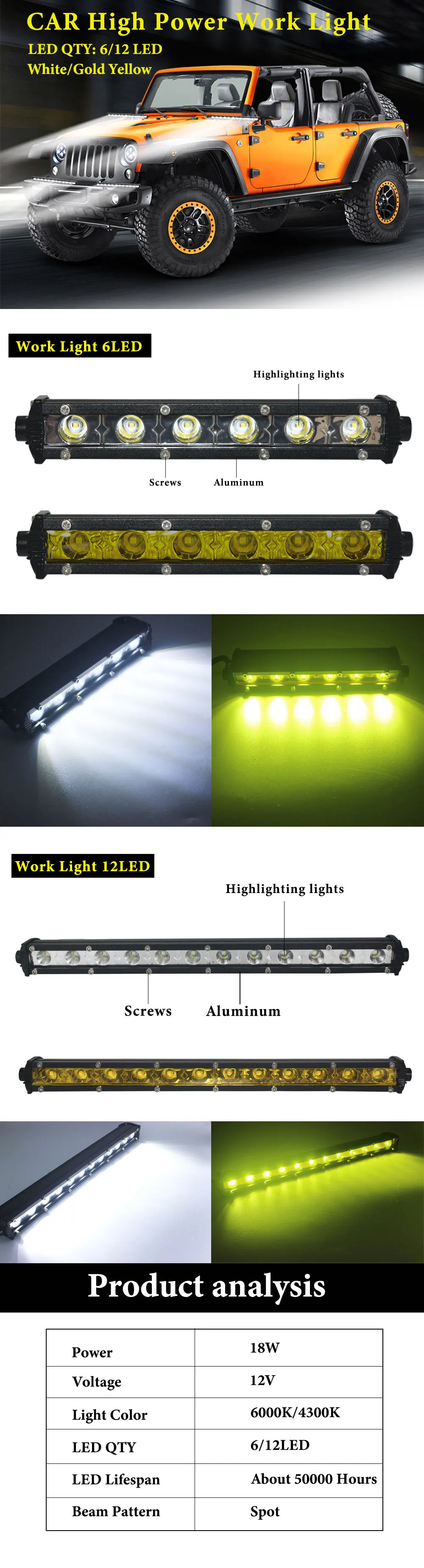 Рабочий свет бар 12V 24V 18 Вт 36 Вт 7*1/11*1 дюйм 6/12LED противотуманный автомобильный внедорожный седельный тягач лодка для 4x4 внедорожник желтого золота