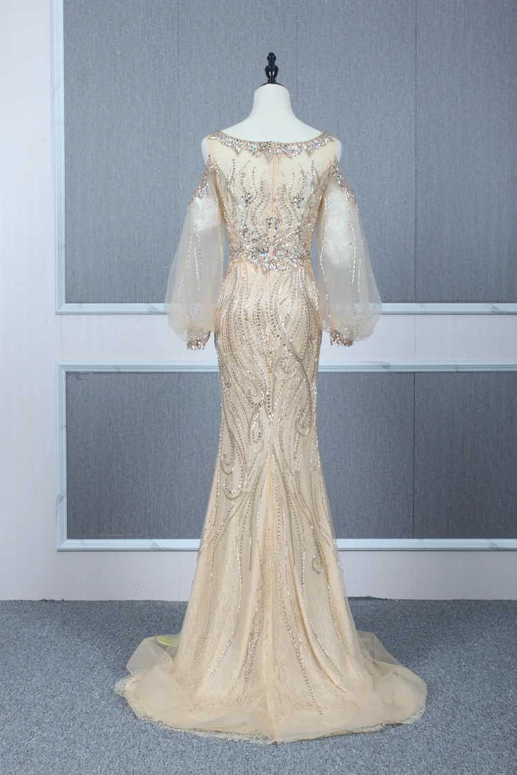 SoAyle Luxury Beaded Evening Dress High-end Dress O neck Mermaid Evening Dresses Long Sleeves Unique Vestido de Festa