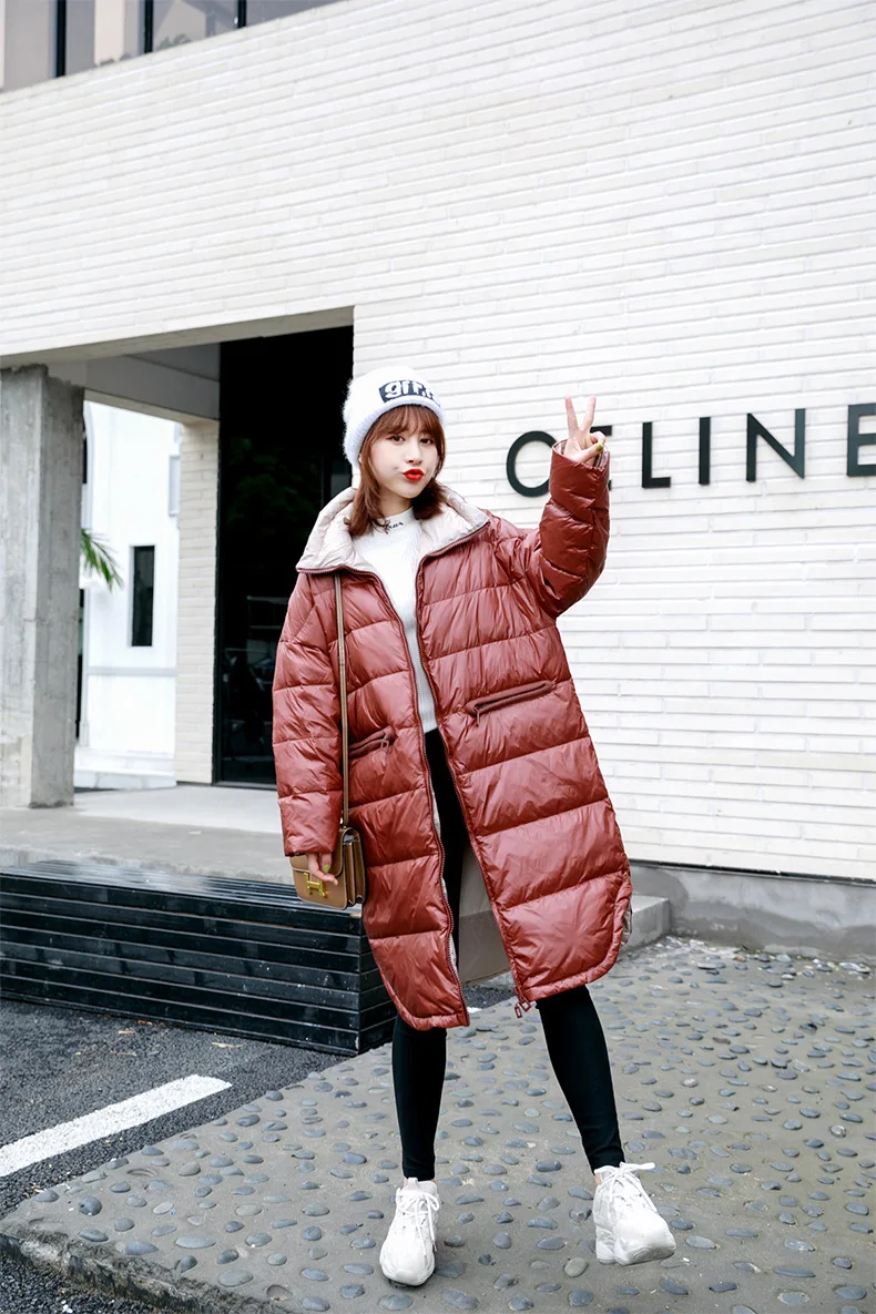 Winter New Style down Jacket Women's Mid-length over-the-Knee Stand Collar Korean-style Loose-Fit Coat Solid Color Versatil