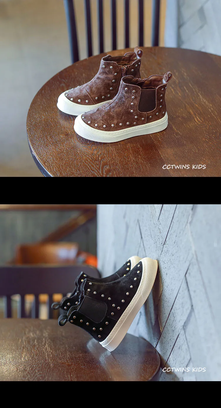 CCTWINS/детская обувь; коллекция года; сезон осень; модные детские ботинки «Челси»; Брендовые ботильоны для маленьких мальчиков; замшевые ботинки с заклепками для девочек; FB1674