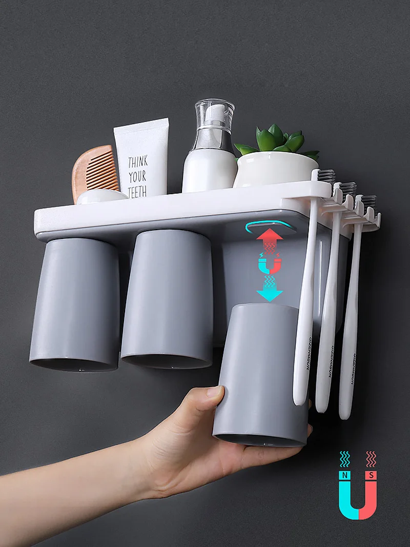 Bathroom Toothbrush Rack Wall Mounted Magnetic Suction Cup Set Hanging Electric Toothpaste Holder Storage Organizer Shelf Tray