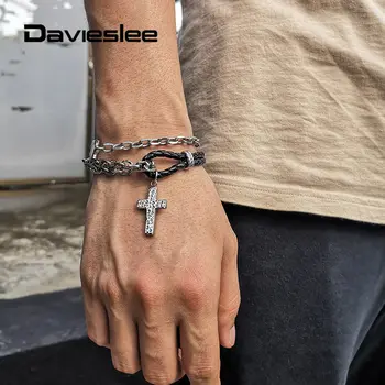 

Bracelet for Men Double Layered Stainless Steel Cable Chain Black Punk Man-made Leather Cross Charm Mens Bracelet LDLB195