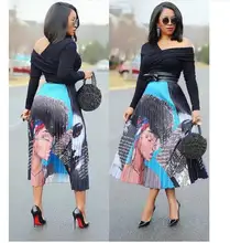 2020 New Summer Women Fashion Explosion Head Beauty Print Pleated Skirt High Waist Personality Maxi Elastic Waist Casual A-line