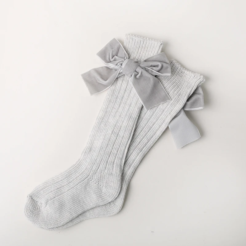 Light Gray Хлопковые носки для девочек с бантами, гольфы для девочек, милые носки принцессы для новорожденных длинные зимние детские носки - Цвет: Light Gray
