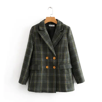 

VomVoa 2020 spring new fashion lapel long sleeve double-breasted loose checked temperament woolen jacket women 27381