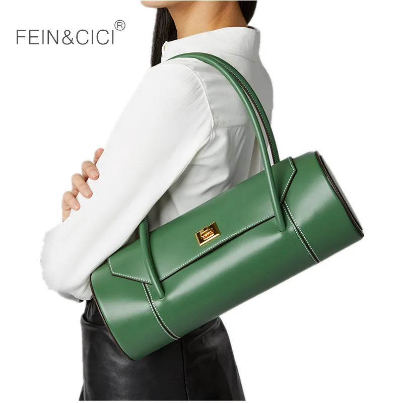 

Genuine leather Baguette shape bag vintage retro Cylindrical shoulder bag women high quality 2020 green black camel red yellow