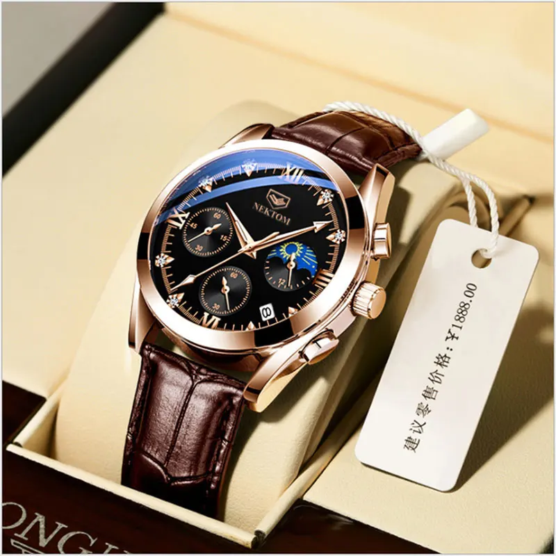 Men's Real Belt Quartz Watch Luminous Waterproof Calendar Men's Watch With Diamond Face Non Mechanical Student Fashion Watch