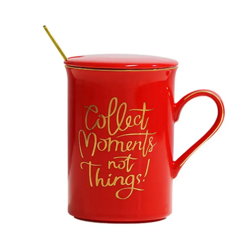 E Керамическая кружка с крышкой "Collect moments not things", ложка из нержавеющей стали, чайная чашка - Цвет: E