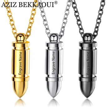 

AZIZ BEKKAOUI Engrave Name Stainless Steel Male Bullet Pendant Necklace For Men Cool Punk Style Christian Jewelry Gift 3 Colors