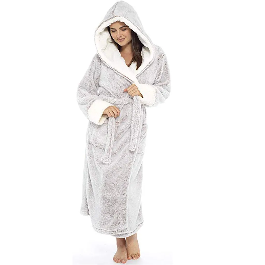 Зимняя плюшевая удлиненная шаль мягкий Халат с капюшоном женская ночная рубашка Домашняя одежда теплые банные халаты халат пальто