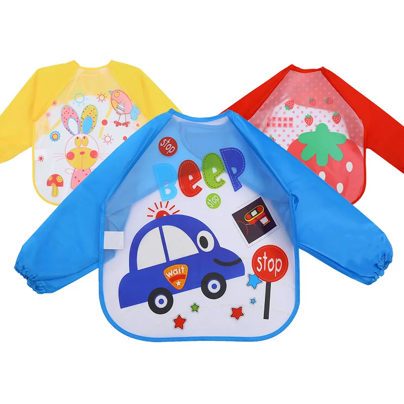 Kids Apron Children'S Waterproof Long-Sleeved Smock Baby Eva Anti-Dressing Infant Cartoon Painting Clothes Eat Bib with Pocket |