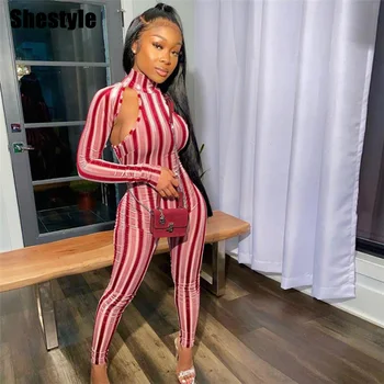 

Shestyle Striped Hollow Out Sexy Jumpsuits Women Long Sleeve Zipper Workout Trendy Stand Collar Overalls Fitness Active Clothes