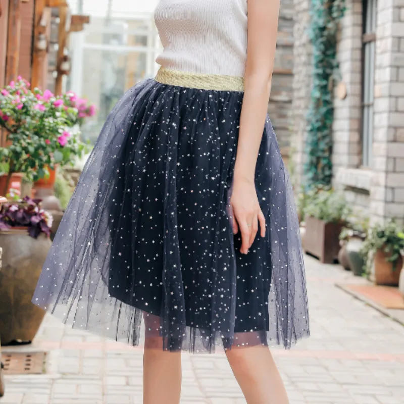navy blue Женские тюлевые женские юбки Летние Плиссированные балетные тюлевые мини-юбки для выпускного вечера звезды блестки Blingbling одноцветные юбки женские s - Цвет: navy blue