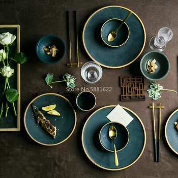 

Ceramic Gold Inlay Plates Steak Food Dish Nordic Style Retro Tableware Bowl Ins Dinner Plate Cup High End Dinnerware Set