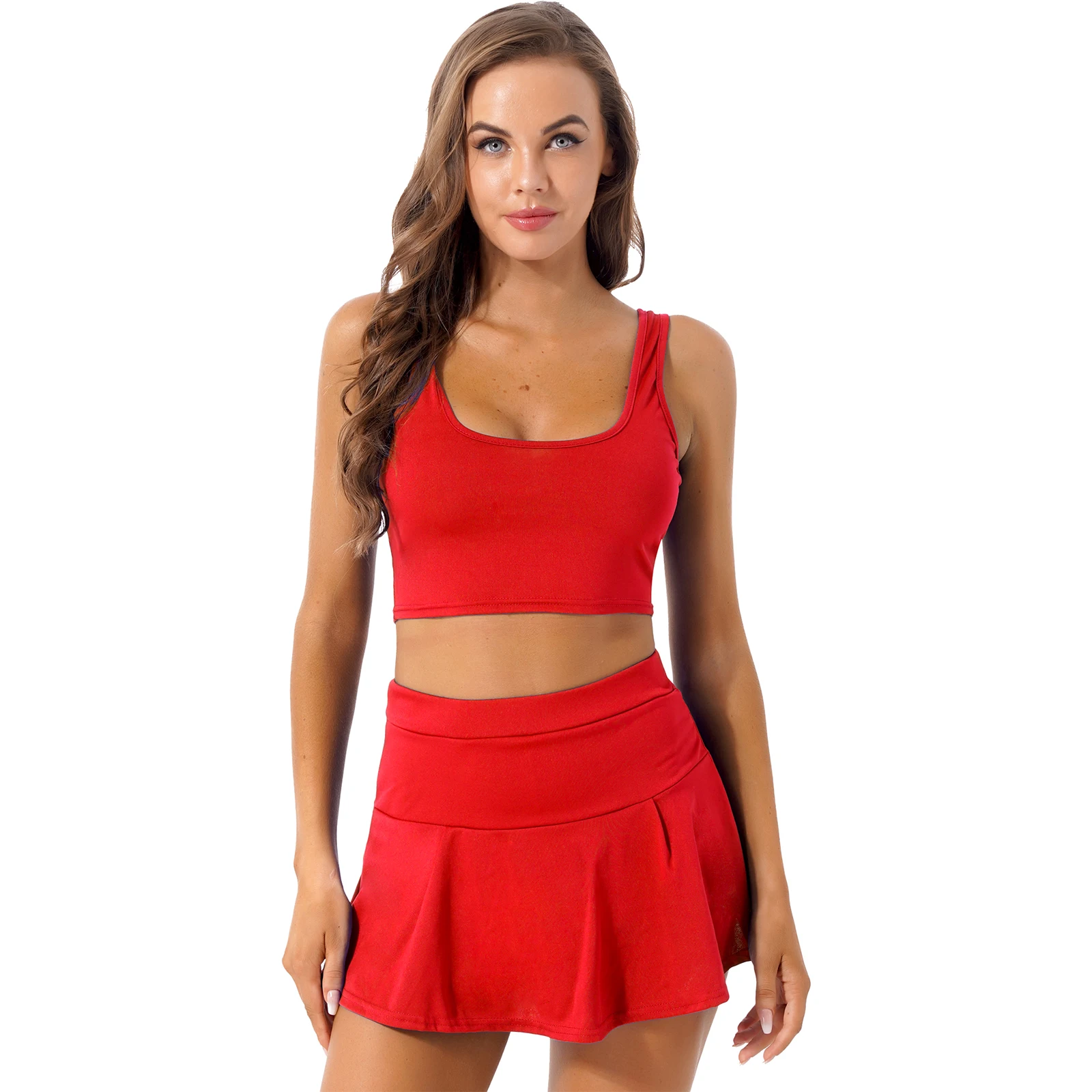 Women Solid Color Cheerleading Uniform Sexy Cheerleader Outfits Sleeveless Crop Top Mini Pleated Skirt for Tennis Sport Activity