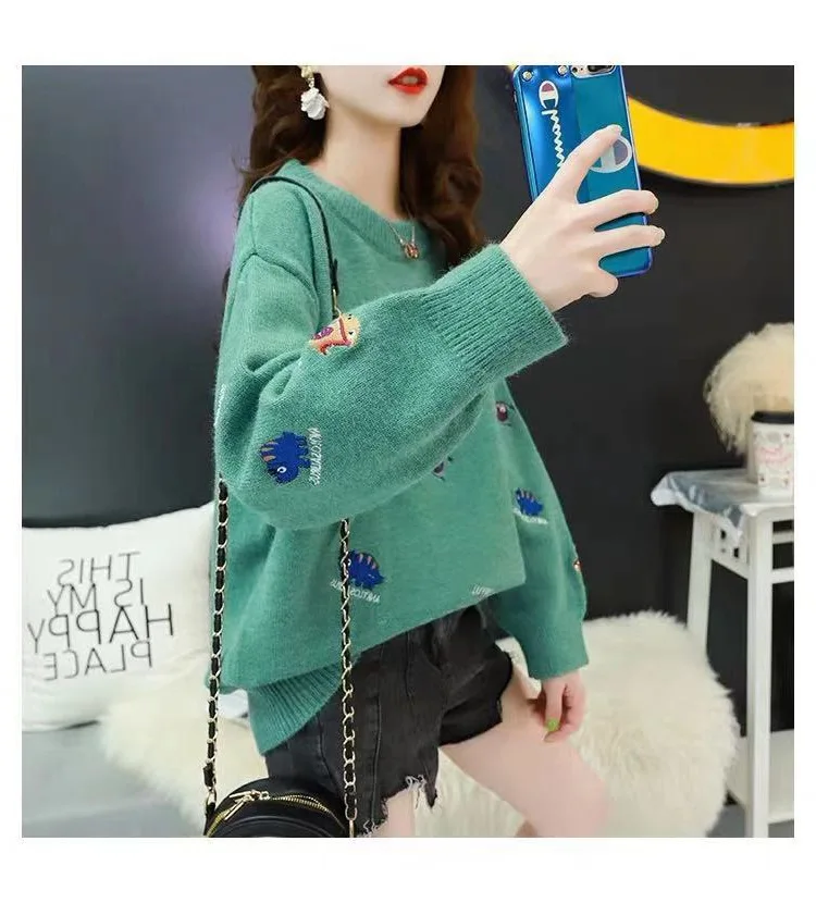 coffee Женский милый вязаный свитер с животным принтом, корейские пуловеры Kawaii Pull Femme, осенне-зимняя вязаная одежда, Осенние Топы Q9040 - Цвет: coffee