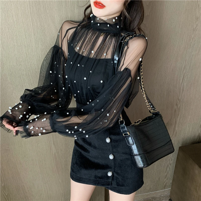 Осень Ulzzang сетки кружева перспектива для женщин блузки для малышек Свободные Водолазка рубашки Новая мода бренд дизайнер топы Blusas Mujer De Moda