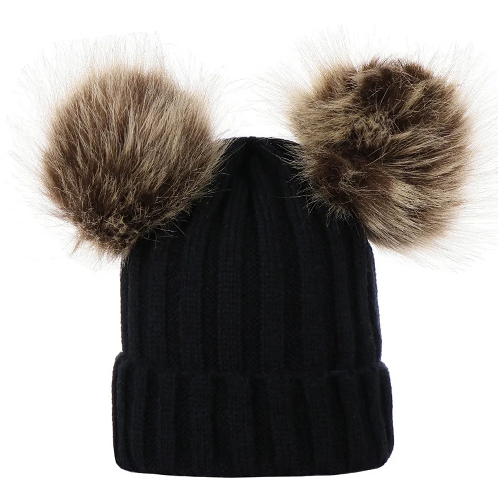 Зимняя теплая шапка, мама и Детская шерсть для вязания, шапка, сохраняющая тепло, зимняя меховая шапка с помпоном, шапка, шапка - Цвет: black