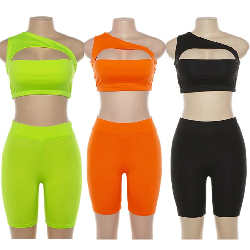 black denim shorts Sexy Women Neon Orange Two Piece Set One Shoulder Cut Out Crop Tops Elastic High Waist Shorts Sets Sporty Outwear 2021 levis shorts