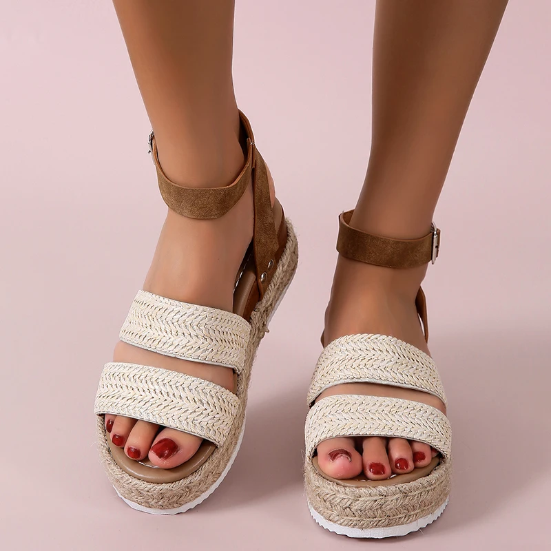 2021 New Summer Women Golden Sandals Platform Heels Cross Strap Ankle Lace Peep Toe Beach Party Ladies Shoes Zapatos Sandals 