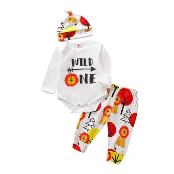 

3pcs Baby Girl Boy Infant Outfits Long Sleeve Cartoon Lion Romper+Long Pants+Hat