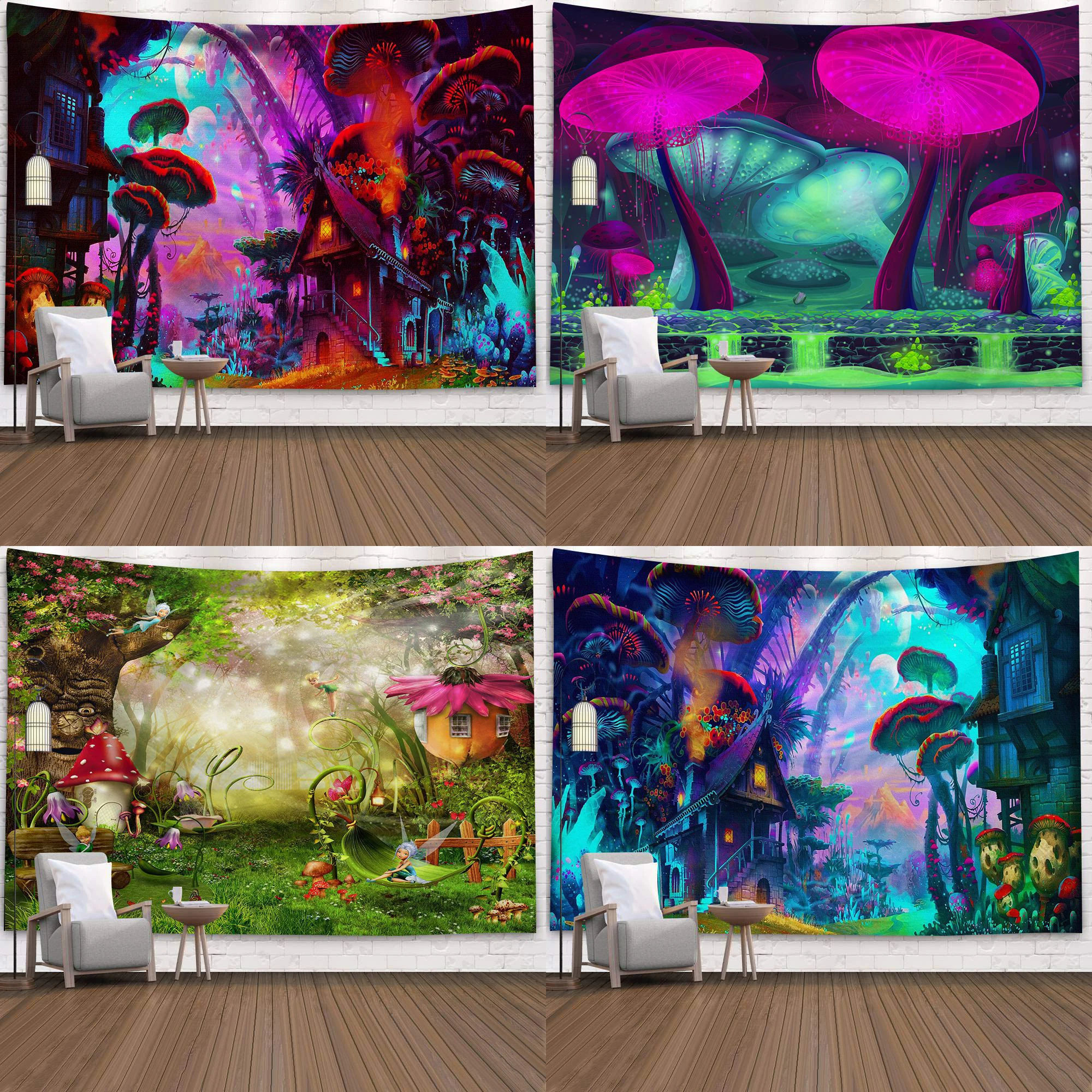 Скандинавский сказочный замок и грибы настенный гобелен с принтом для дома