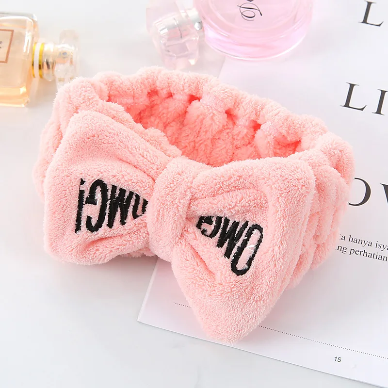 Winter Letter OMG Headbands for Women Girls Bow Wash Face Turban Makeup Elastic Hair Bands Coral Fleece Hair Accessories