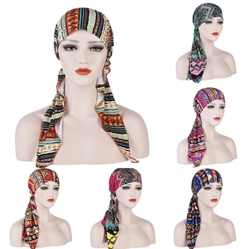 

Muslim Women Printed Hijabs Hats Turban Head Head Scarf Chemo Cancer Cap Hair Loss Hat Long Tail Bow Bonnet Wide Band Wrap Cap