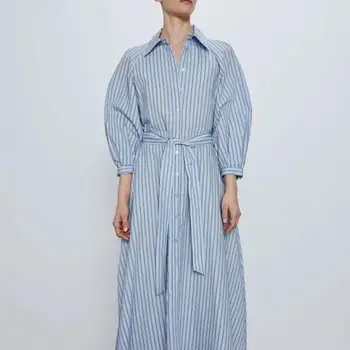 

ZA women dress new blue stripe sashes chic ladies slim elegant maxi dress woman dresses