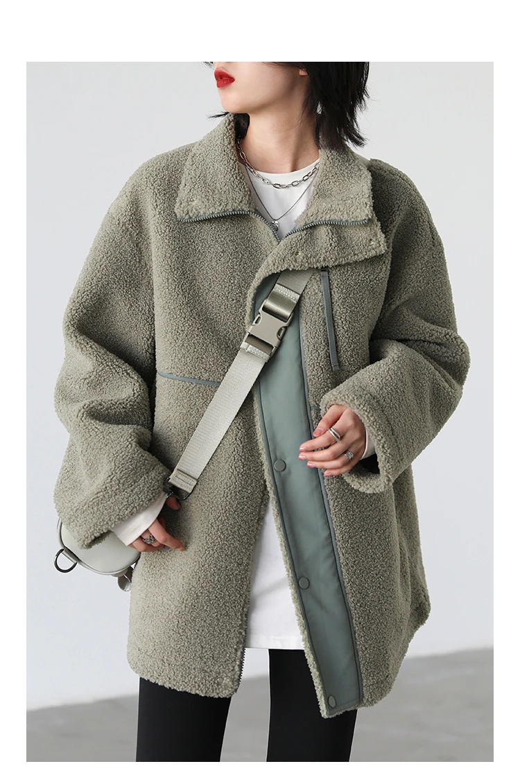 Windbreaker Coat  Women’s Sherpa Jacket Thicken Warm Casual Lamb Faux Fur womens Overcoat Loose Stand Turn-down collar Outerwear Female Lady Plus size Autumn Winter Coats for Woman in Light Green