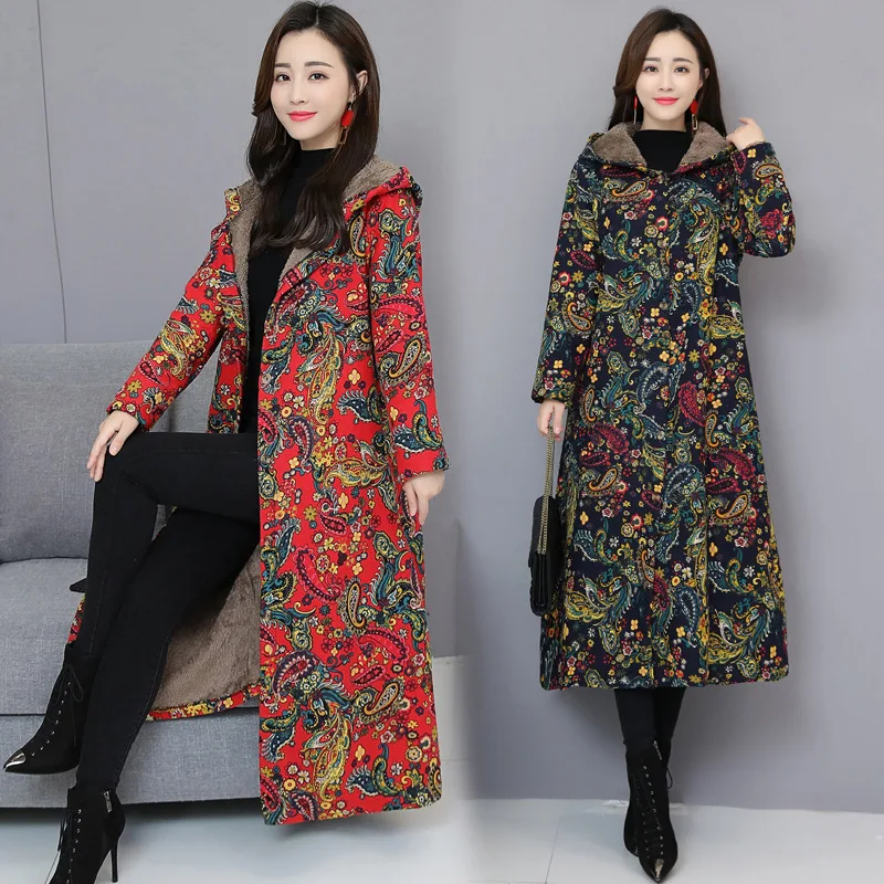 

Photo Shoot 2019 Autumn And Winter Ethnic-Style Large Size Cotton Linen Retro Literature And Art Brushed And Thick Hooded Trench