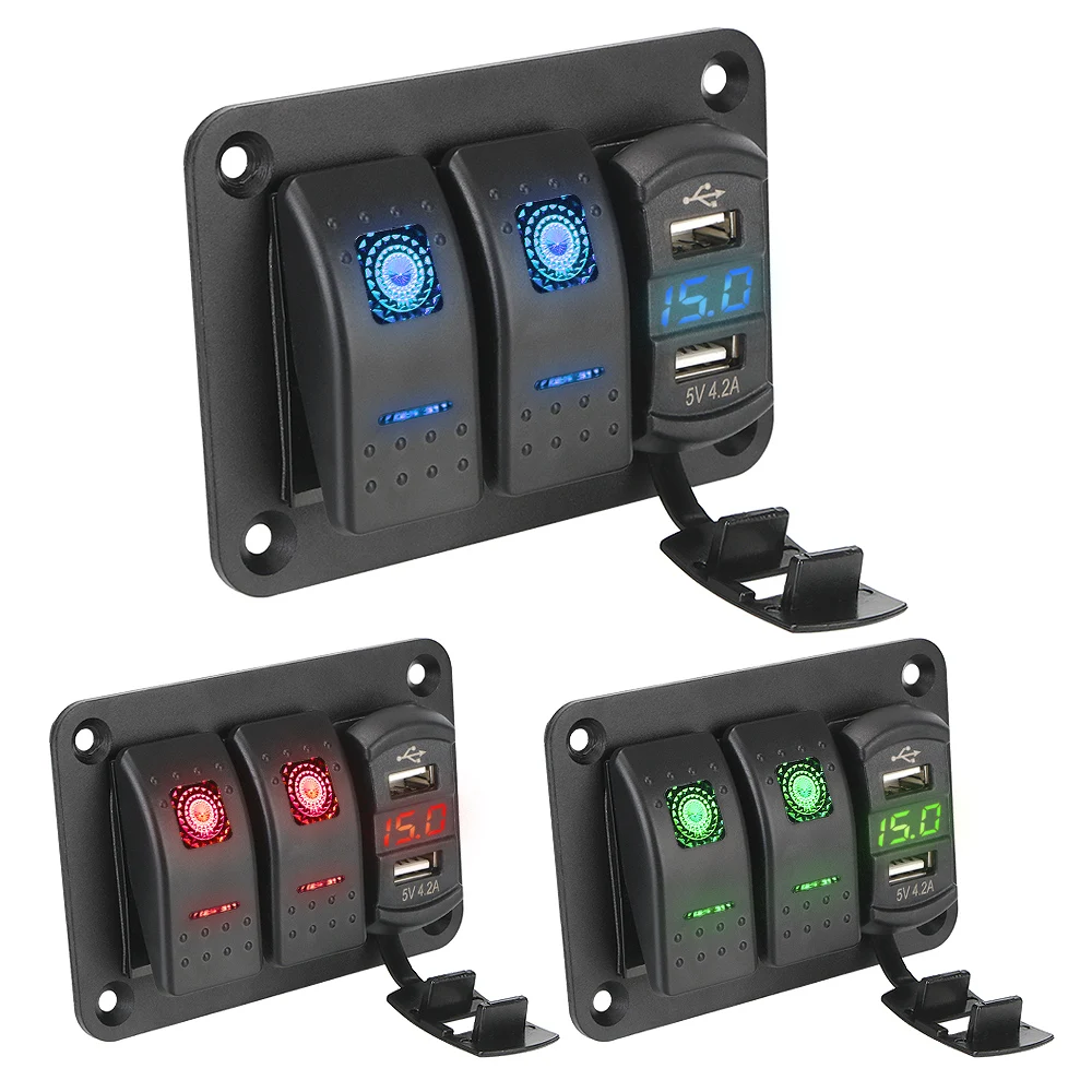 

For Car Marine Ship LED Rocker Switch Panel 12/24V Rocker Switch Panel Waterproof Circuit Breaker LED Voltmeter Dual USB Port