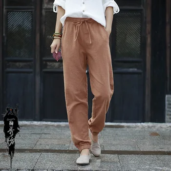 

2020 Spring and Summer Cotton and Linen Women's New Retro Ramie Sand Washed Waist Rope Women's Straight Trousers