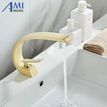 

Brushed Golden Newly Art Basin Faucet Brass Spout Bathroom Faucets Hot Cold Mixer Tap Waterfall Faucets Crane 9126W