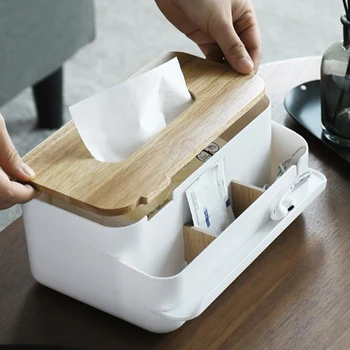 

Multifunctional European-style Wooden Tissue Box Rectangular Solid Wood Tissue Box Desktop Storage Multi-drawer Tray