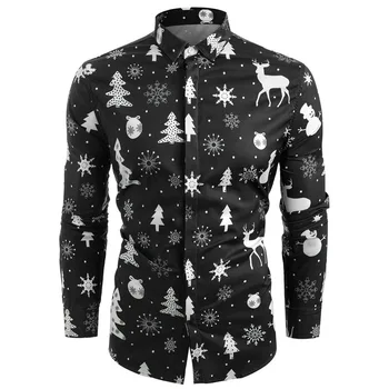 

Helisopus Harujuku Men Shirt Long Sleeve Snowflakes Christmas Deer Printed Shirts Casual Fashion Slim Fit Turn-down Collar Shirt