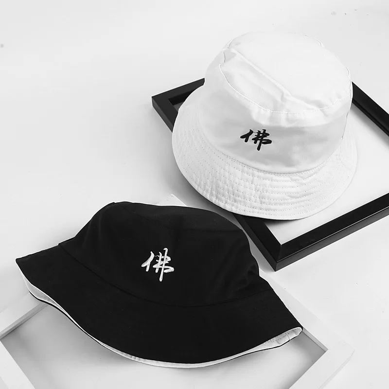 

New Style Fun Character Black And White with Pattern Bucket Hat Female Spring Summer Double-Sided Wearing Word Embroidered Flat