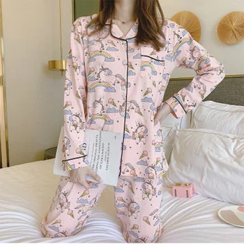 

HaloSweet Cotton Unicorn Pajamas Pyjamas Women Sleepwear Suit Two Piece Negligee Cute Home Suit Kawaii Unicornio Female Pants
