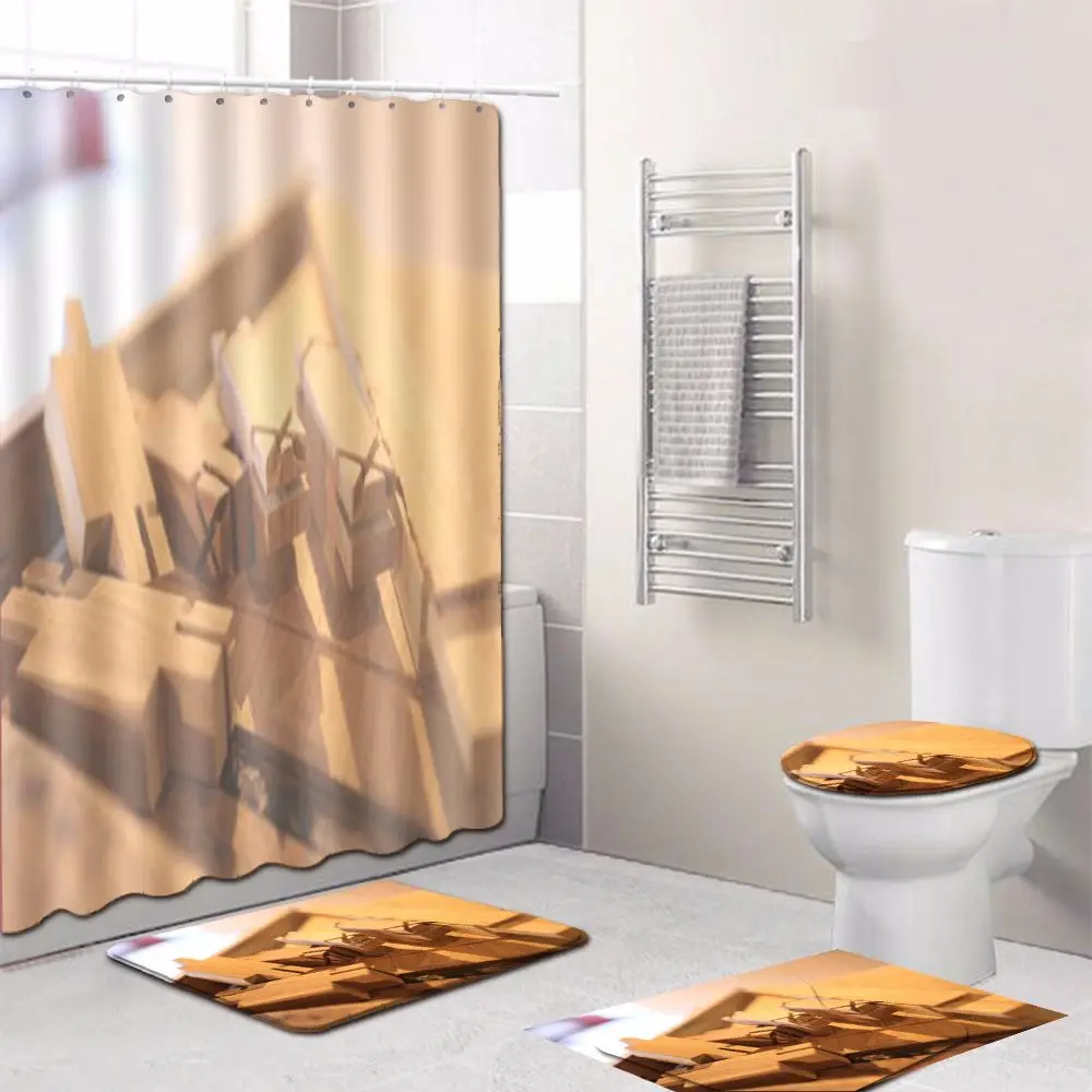 

4pcs/set Shower Curtain 3D Wood Print Washable Bathroom Curtain Polyester Fabric Thick Waterproof Toilet Seat Cover Anti-slip