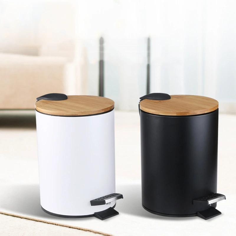 3/5L Wooden Flip Step Trash Can Garbage Rubbish Bin Waste Container Organizer Bathroom Kitchen Living Room Office Decoration