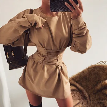 

Meyoung Bow Waist Bandage Dress Women Sexy Autumn Winter Streetwear Beige Black Khaki Long Sleeve O-neck Mini Ladies Dresses
