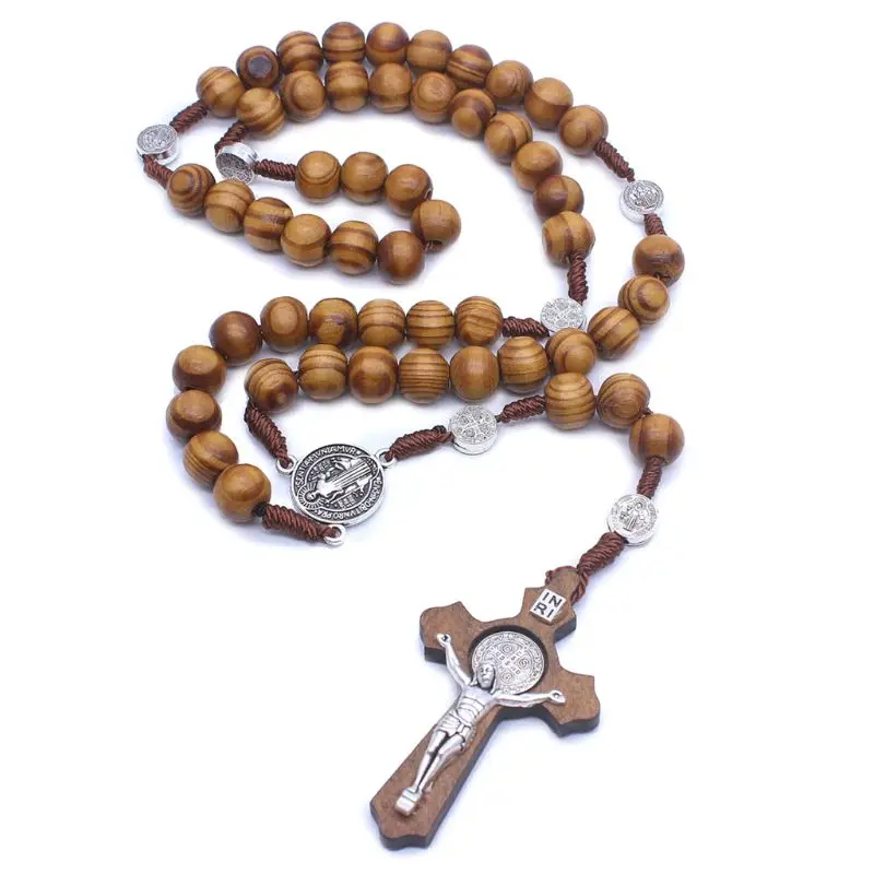 Мода ручной работы круглый шарик католические четки крест религиозные деревянные бусины для мужчин ожерелье Шарм подарок Q9QA
