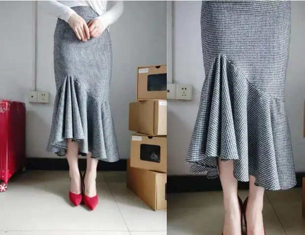 plus size 4XL!Irregular fishtail skirt high waist women winter package hip black white plaid woolen skirt office lady TB3742