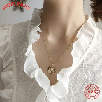 

POFUNUO 925 Sterling Silver Gold Sun Flower Pendant Necklace Women Simple Desgin Round Tag Charm Short Necklace Chic Chokers 925